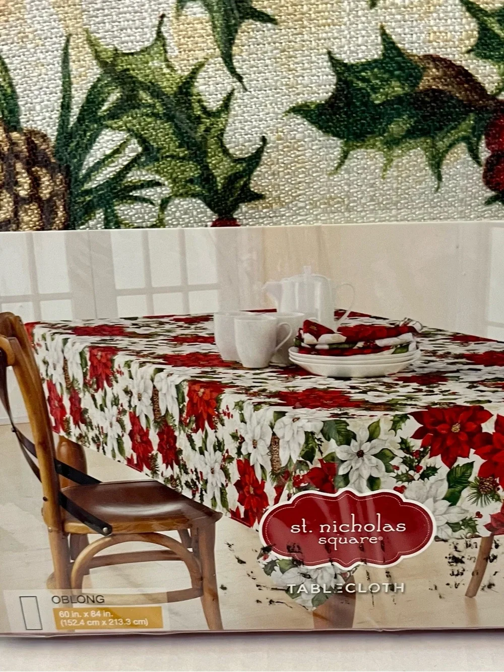 St. Nicholas Square Christmas Tablecloth Oblong 60x84 NWT Poinsettia Holly